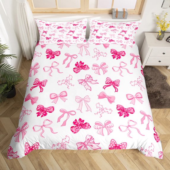 Manfei Ribbon Bow Knot Duvet Cover Twin,Girly Kawaii Bowtie Bedding Sets Twin Size,Rwhite Pink Bed Set For Girls,Breathable Home Decor Reversible(No Comforter),2-Piece