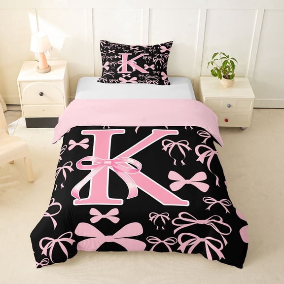 Manfei Ribbon Bow Knot K Personalized Initial Twin Bedding,Black Pink Bow Tie Duvet Cover Set,2pcs,No Comforter,Pink Reversible,Lightweight Room Decor