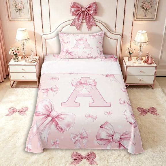 Manfei Ribbon Bow Knot Personalized Initial A Twin Sheet Sets 3pcs for Girls Women,Kids Teens Pink Bow Shabby Chic Bedding,Microfiber Bedroom Decor