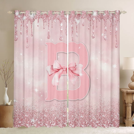 Manfei Ribbon Bow Knot Personalized Initial B Black Out Curtains for Girls,Bling Glitter Print Splash Curtains Pack of 2 (42x63 Each) for Kids Teens,Breathable Home Decor