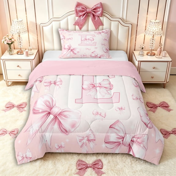 Manfei Ribbon Bow Knot Personalized Initial E Twin Comforter Sets 3-Piece for Girls Women,Kids Teens Pink Bow Shabby Chic Bedding Set,Pink Reversible,Ultra Soft Home Decor