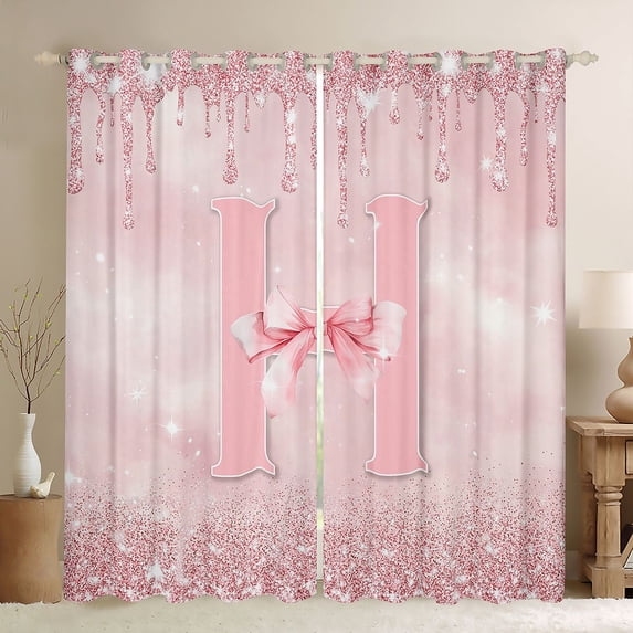 Manfei Ribbon Bow Knot Personalized Initial H Black Out Curtains for Girls,Bling Glitter Print Splash Curtains Pack of 2 (42x63 Each) for Kids Teens,Super Cozy Room Decor