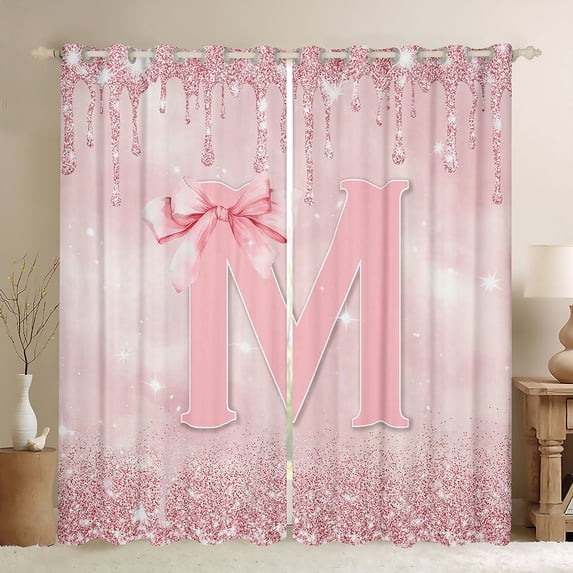 Manfei Ribbon Bow Knot Personalized Initial M Blackout Curtains Set of 2 (52x84 Each) for Girls,Bling Glitter Print Splash Window Curtains for Kids Teens,Luxury Bedroom Decor