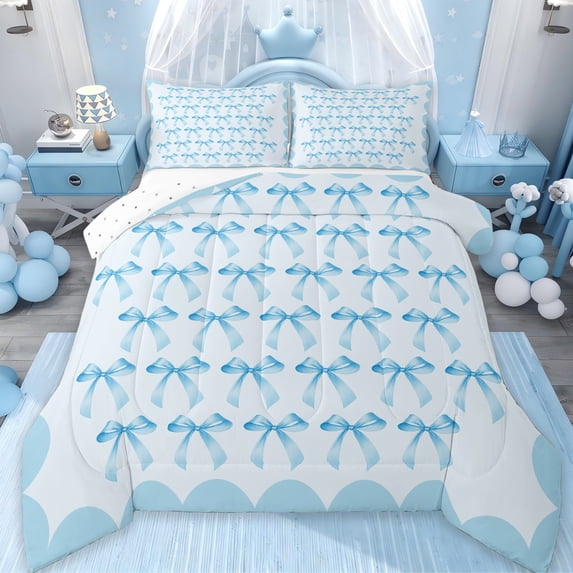 Manfei Ribbon Bow Knot Queen Comforter Set,Princess Bowtie Bedding Sets,Light Blue Bedding Comforter Set For Girls Teens,Luxury Bedroom Decor Reversible,3-Piece
