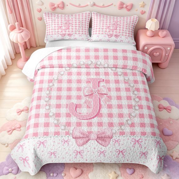 Manfei Ribbon Bow Knot Quilt Full,Alphabet J Design Full Bedspread Sets,3-Piece,1 Coverlet and 2 Pillowcases