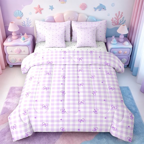 Manfei Ribbon Bow Knot Twin Bedding Sets 7-Piece,Geometric Geometric Checkered Bedding Comforter Set 7-Piece,Purple White Bowtie Sheet Sets,Ultra Soft Room Decor Reversible