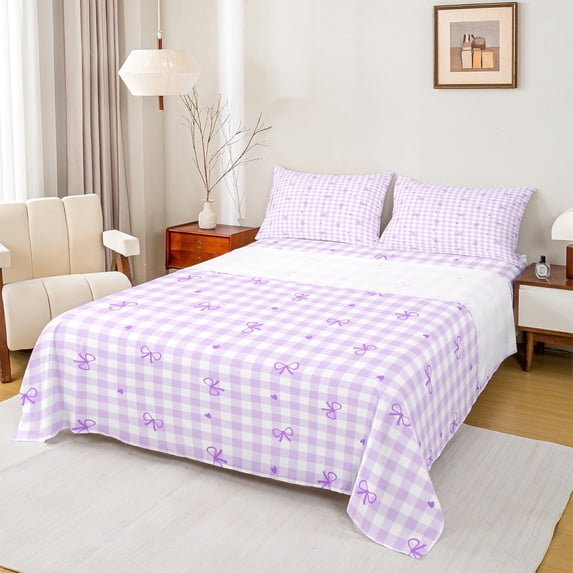 Manfei Ribbon Bow Knot Twin Sheet Sets,Geometric Geometric Checkered Twin Fitted Sheet,Purple White Bowtie Flat Sheet,Ultra Soft Room Decor,3-Piece