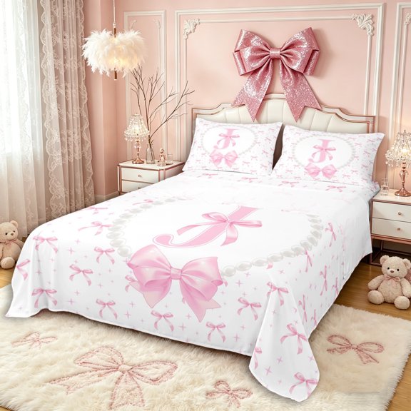 Manfei Ribbon Bow Letter J Monogrammed Bed Sheets 4pcs for Girls,Kids Cute Bowknot Pearl King Sheets
