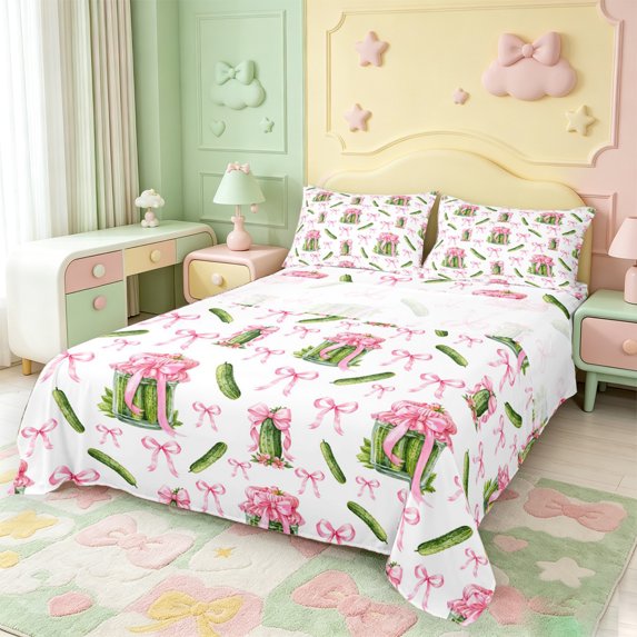 Manfei Ribbon Bow Queen Sheets,Funny Cucumber Print Queen Sheet Sets,4pcs,1 Flat Sheet,1 Fitted Sheet and 2 Pillowcases