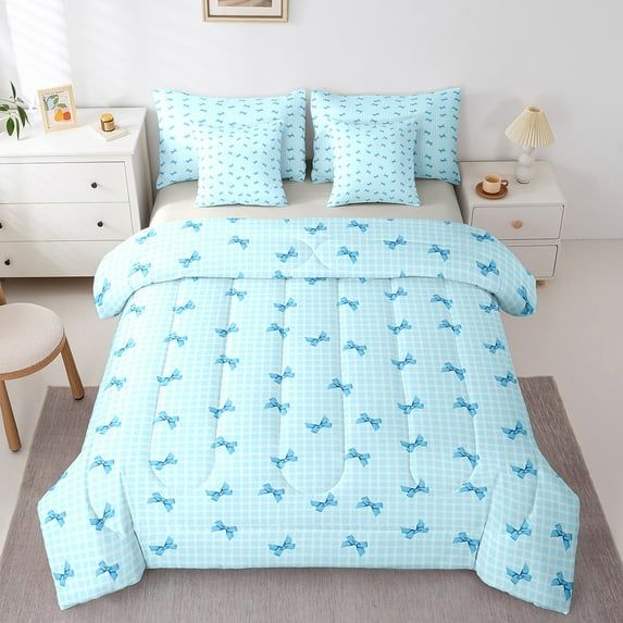 Manfei Ribbon Bow Tie Bedding Sets Twin Size,Girl Bowknot Comforter Sets with Sheets,Blue Geometry Grid Bed in a Bag Twin Size,Lightweight Room Decorative Reversible,7-Piece