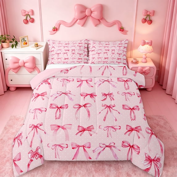 Manfei Ribbon Bow Tie Bedding Twin Comforter Set,Princess Bowknot Down Comforter,Pink Bedding Sets Twin with Comforter,Lightweight Room Decorative Reversible,2 Pieces
