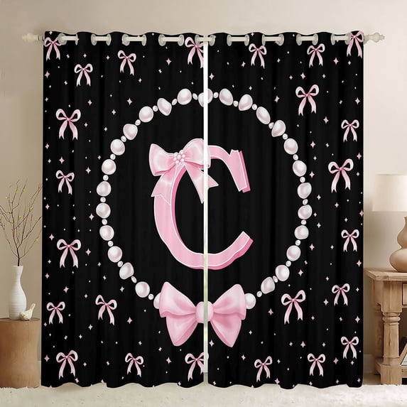 Manfei Ribbon Bow Tie C Personalized Initial Black Out Curtains for Kids Girls,Teens Black Pink Bow Pearl Print Curtains Pack of 2 (42x63 Each),Microfiber Bedroom Decor