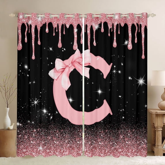 Manfei Ribbon Bow Tie C Personalized Initial Black Out Curtains for Kids Girls,Teens Black Pink Gradient Glitter Print Curtains Pack of 2 (42x63 Each),Microfiber Bedroom Decor