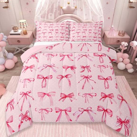 Manfei Ribbon Bow Tie Comforter Sets Queen Size,Princess Bowknot Comforters & Duvets,Pink Bedding Queen Comforter Set,Lightweight Room Decorative Reversible,3-Piece