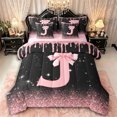 thumbnail image 1 of Manfei Ribbon Bow Tie J Personalized Initial Twin Bedding Sets 7-Piece for Kids Girls,Teens Black Pink Gradient Glitter Print Bedding Comforter Set,Pink Reversible,Ultra Soft Home Decor, 1 of 7