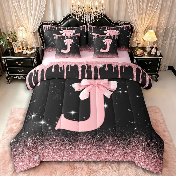 Manfei Ribbon Bow Tie J Personalized Initial Twin Bedding Sets 7-Piece for Kids Girls,Teens Black Pink Gradient Glitter Print Bedding Comforter Set,Pink Reversible,Ultra Soft Home Decor