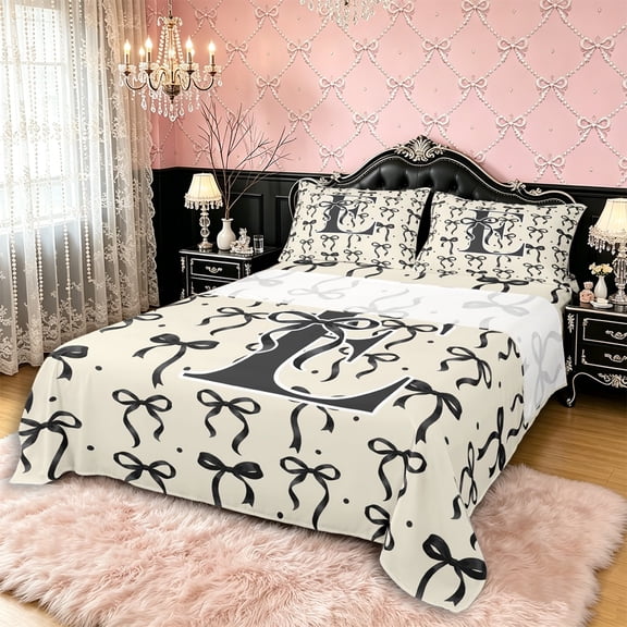 Manfei Ribbon Bow Tie L Personalized Initial Bed Sheets 4pcs for Kids Girls,Teens Vintage Black Polka Dots King Sheets,Lightweight Room Decor