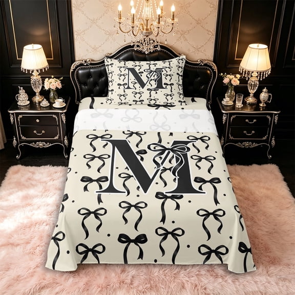 Manfei Ribbon Bow Tie M Personalized Initial Twin Sheet Sets 3pcs for Kids Girls,Teens Vintage Black Polka Dots Bedding,Ultra Soft Home Decor