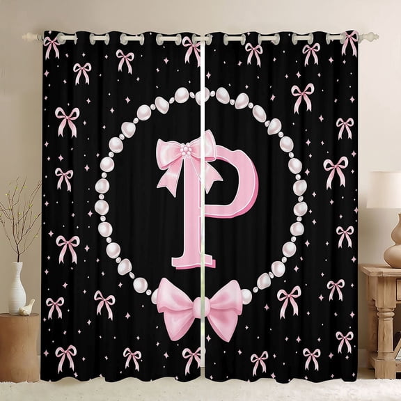 Manfei Ribbon Bow Tie P Personalized Initial Black Out Curtains for Kids Girls,Teens Black Pink Bow Pearl Print Curtains Pack of 2 (42x63 Each),Lightweight Room Decor