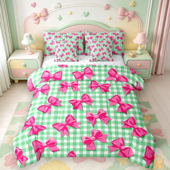 Manfei Ribbon Bowknot 7pcs Queen Bedding,Green Classic Grid Bedding Comforter Set Queen,Reversible