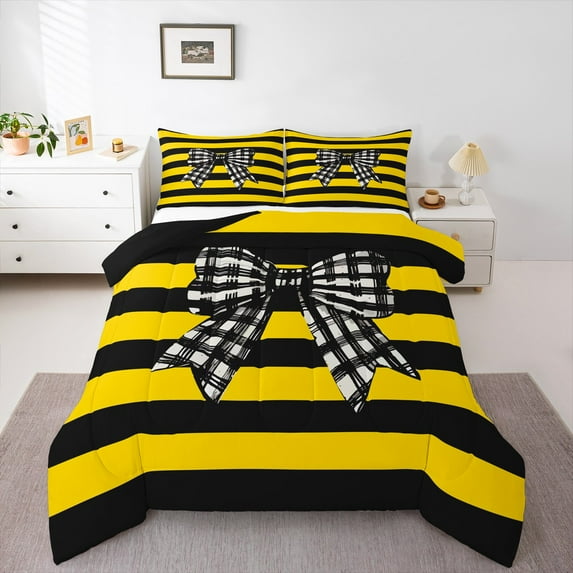 Manfei Ribbon Bowknot Bowtie Bedding Sets Full with Comforter,Yellow Black Stripes Duvet Insert,Plaid Bow Comforter Sets Full Size For Girl,Breathable Bedroom Decor Reversible,3pcs