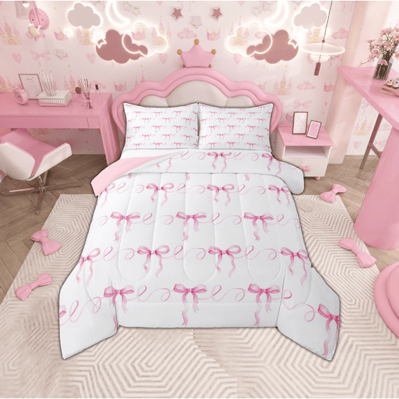 Manfei Ribbon Bowknot Bowtie Full Size Comforter Sets,Gitl Ribbon Bow Bedding Comforter Set,White Pink Bedding Sets For Kids,Ultra Soft Home Decor Reversible,3 Pieces