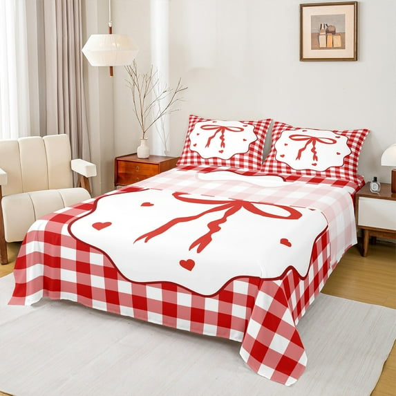 Manfei Ribbon Bowknot Bowtie Twin Bed Sets,Girl Ribbon Bow Fitted Sheets,Red White Checkered Flat Sheet For Kids,Ultra Soft Home Decor,3pcs