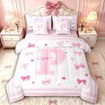 thumbnail image 1 of Manfei Ribbon Bowknot P Personalized Initial Bedding Comforter Set 7 Pieces,Princess Bow Stripes Full Bedding Set,Pink Reversible,Lightweight Room Decor, 1 of 7
