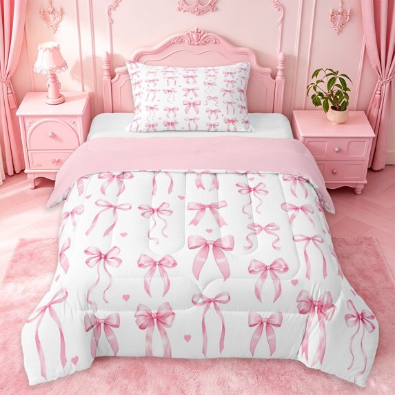 Manfei Ribbon Bowknot Twin Comforter Sets For Girls,Pink Coquette Bowtie Print Bedding Set For Kids,Pink Reversible,2pcs