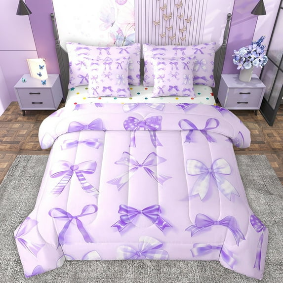 Manfei Ribbon Bowtie 7 Pieces Bedding Comforter Set,Kawaii Bow Knot Full Bedding Set,Purple Bowknot Fitted Sheet Flat Sheet For Kids,Super Cozy Room Decor Reversible