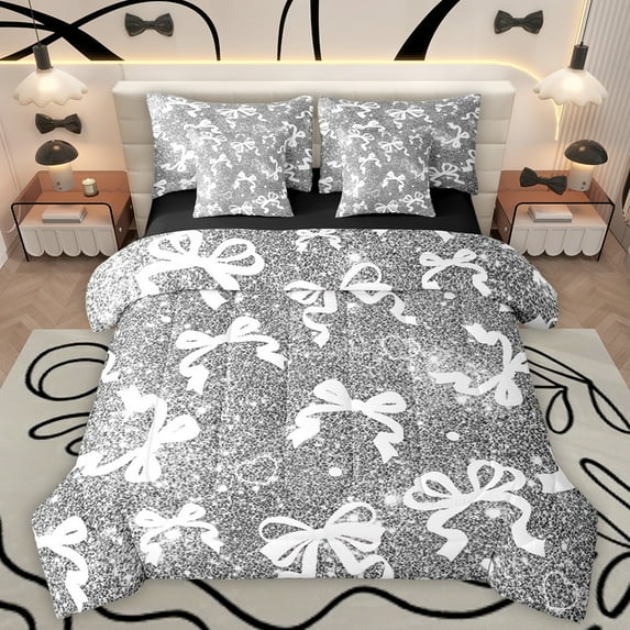 Manfei Ribbon Bowtie 7 Pieces Bedding Comforter Set,Kawaii Bow Knot Full Bedding Set,White Gray Fitted Sheet Flat Sheet For Kids,Super Cozy Room Decor Reversible