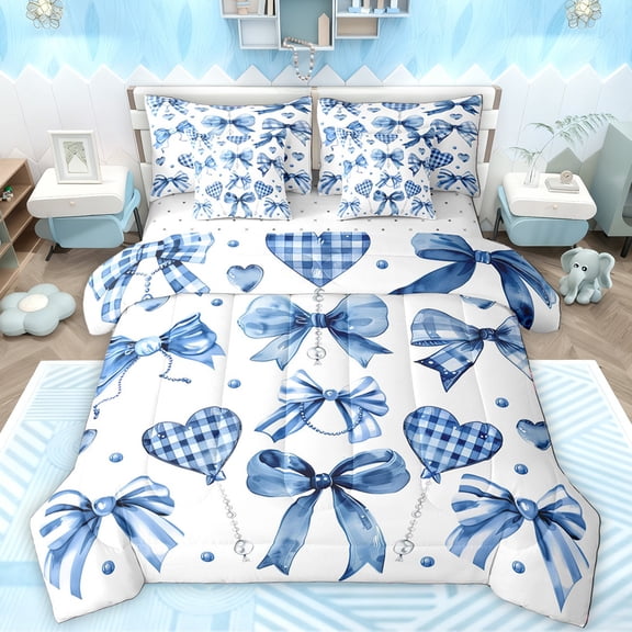 Manfei Ribbon Bowtie Bowknot 7pcs Bedding Comforter Set,Cute Check Loves Queen Bedding Sets,Blue White Queen Sheet Sets For Kids,Microfiber Bedroom Decor Reversible