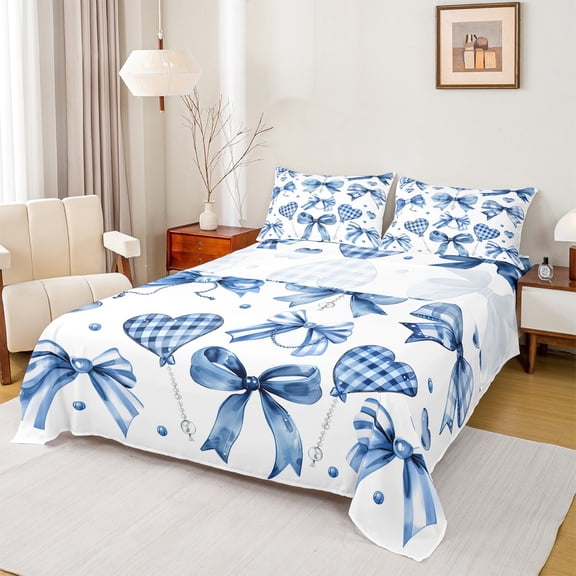 Manfei Ribbon Bowtie Bowknot Bed Sheets,Cute Check Loves King Sheets,Blue White Sheet Set For Kids,Microfiber Bedroom Decor,4 Pieces