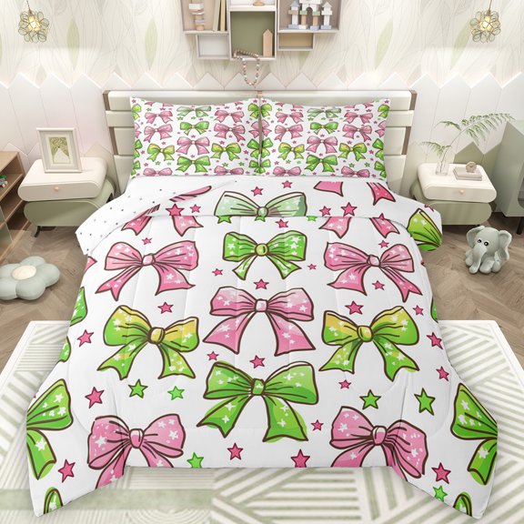 Manfei Ribbon Bowtie Bowknot Full Size Comforter Sets,Cute Cartoon Stars Bedding Comforter Set,Pink Green White Bedding Sets For Kids,Microfiber Bedroom Decor Reversible,3-Piece