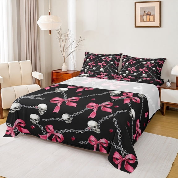 Manfei Ribbon Bowtie Bowknot Queen Sheet Sets,Spooky Gothic Skull Flat Sheet,Pink White Black Queen Fitted Sheet For Kids,Microfiber Bedroom Decor,4pcs