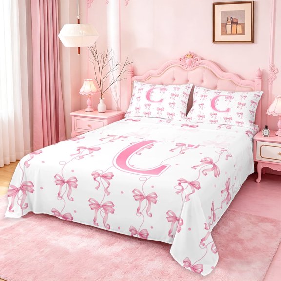Manfei Ribbon Bowtie Full Size Sheets For Girls,Cartoon 3D Letter C Personalized Bed Sheets For Kids,4pcs