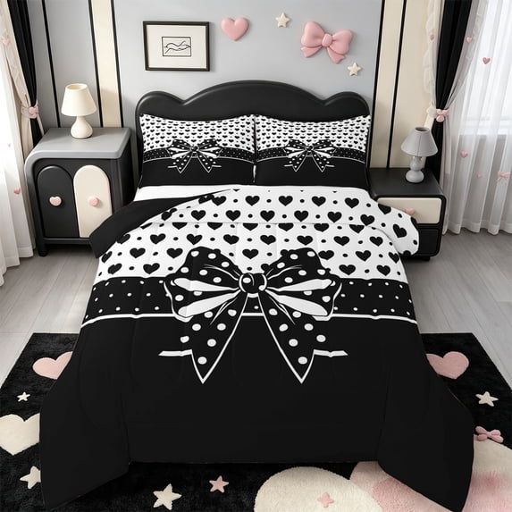 Manfei Ribbon Bowtie King Size Comforter Sets,Pink Coquette Bow Comforters King Size,Black Reversible,3pcs,1 Comforter and 2 Pillowcases