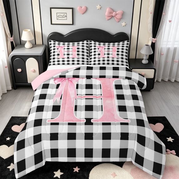 Manfei Ribbon Bowtie Letter Design Full Size Comforter Sets,Abstract Plaid Pattern Bedding Comforter Set,Pink Reversible,3pcs,1 Comforter and 2 Pillowcases