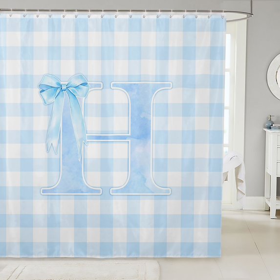 Manfei Ribbon Bowtie Letter Design Shower Curtain 72Wx72L,Blue Abstract Plaid Pattern Bathroom Curtain