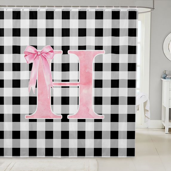 Manfei Ribbon Bowtie Letter Design Shower Curtain 72Wx78L,Abstract Plaid Pattern Bath Curtain