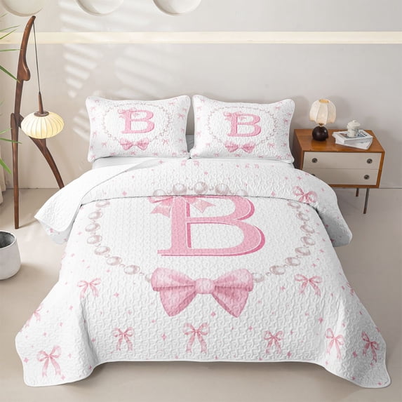 Manfei Ribbon Bowtie Letter Monogrammed B Quilt Full for Girls,Teens Princess Bling Pearl Print Full Bedspread Sets