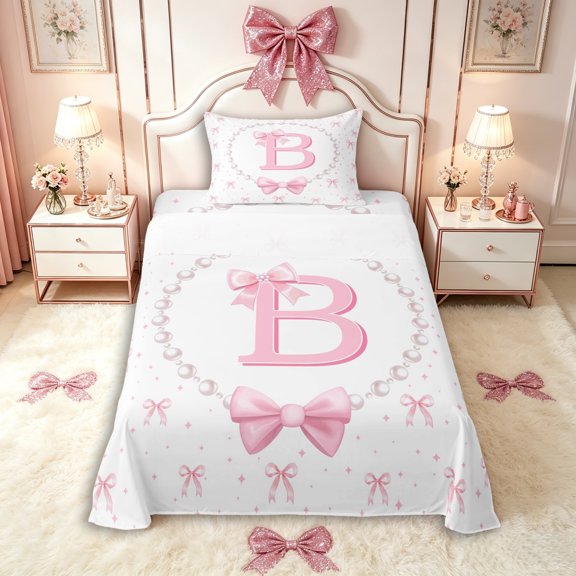 Manfei Ribbon Bowtie Letter Monogrammed B Twin Sheet Sets 3pcs for Girls,Kids Teens Princess Bling Pearl Print Bedding,Luxury Bedroom Decor