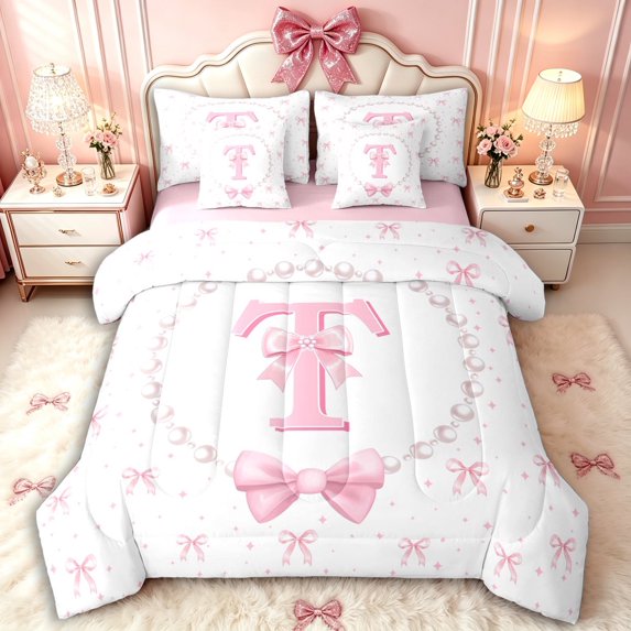 Manfei Ribbon Bowtie Letter Monogrammed T Twin Bedding Sets 7-Piece for Girls,Kids Teens Princess Bling Pearl Print Bedding Comforter Set,Pink Reversible,Luxury Bedroom Decor