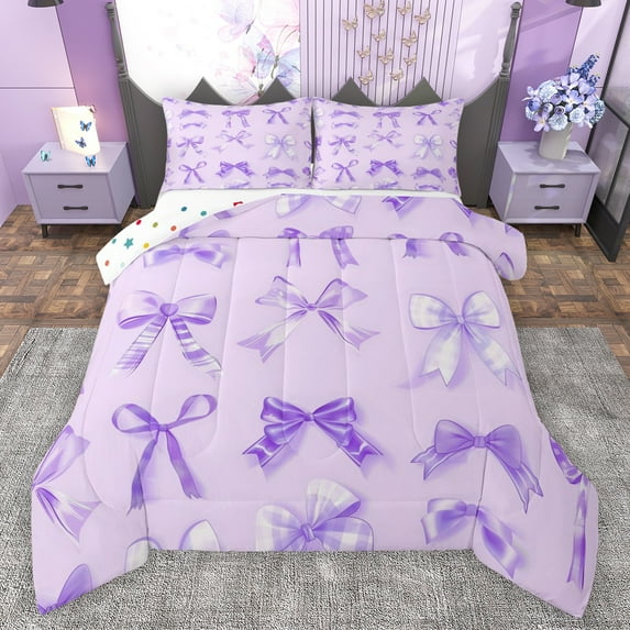 Manfei Ribbon Bowtie Queen Comforter Set,Kawaii Bow Knot Bedding Sets,Purple Bowknot Bedding Comforter Set For Kids,Super Cozy Room Decor Reversible,3 Pieces