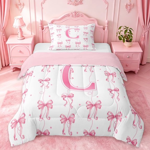 Manfei Ribbon Bowtie Twin Comforter Sets For Girls,Cartoon 3D Letter C Personalized Bedding Set For Kids,Pink Reversible,2 Pieces