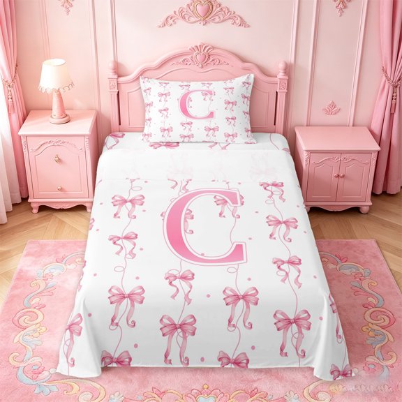 Manfei Ribbon Bowtie Twin Sheet Sets For Girls,Cartoon 3D Letter C Personalized Bedding For Kids,3 Pieces