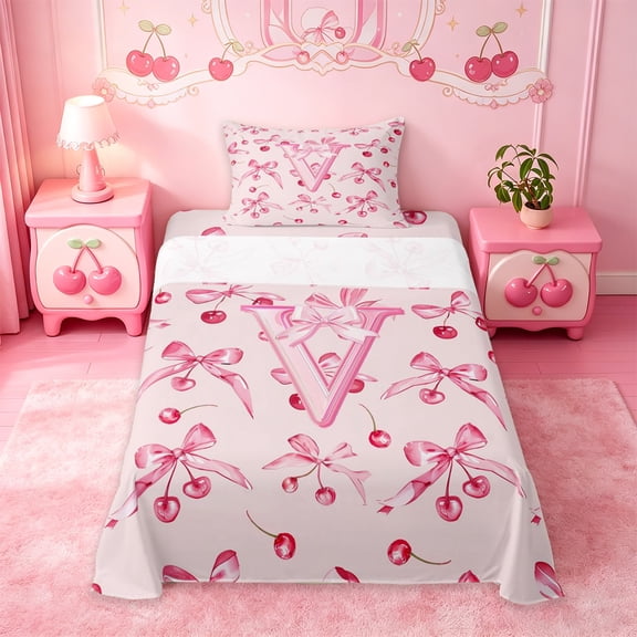 Manfei Ribbon Bowtie Twin Sheet Sets For Kids,Pink Cherry Themed Letter V Monogram Bedding,3-Piece