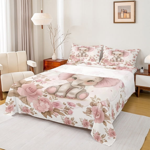 Feelyou Ribbon Elephant Full Size Sheets, Vintage Pink Floral Bed Sheets, Kawaii Cartoon Sheet Sets, Super Cozy Room Decor, 4pcs