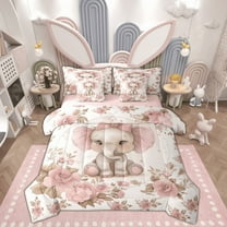 Feelyou Ribbon Elephant Twin Bedding Sets 7-Piece, Vintage Pink Floral Bedding Comforter Set, Kawaii Cartoon Sheet Sets, Super Cozy Room Decor
