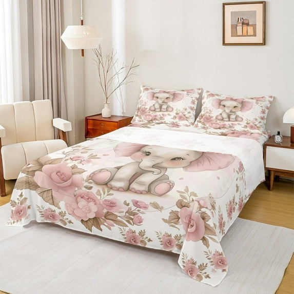 Manfei Ribbon Elephant Twin Sheet Sets, Vintage Pink Floral Twin Fitted Sheet, Kawaii Cartoon Flat Sheet, Super Cozy Room Decor, 3pcs